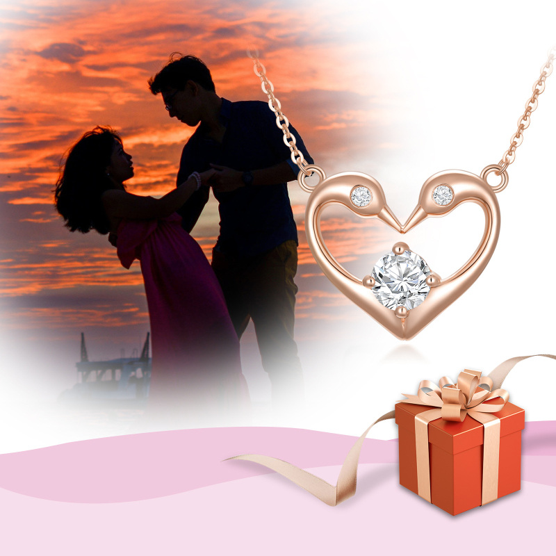 18K Rose Gold Round Zircon Swan & Heart Pendant Necklace-5
