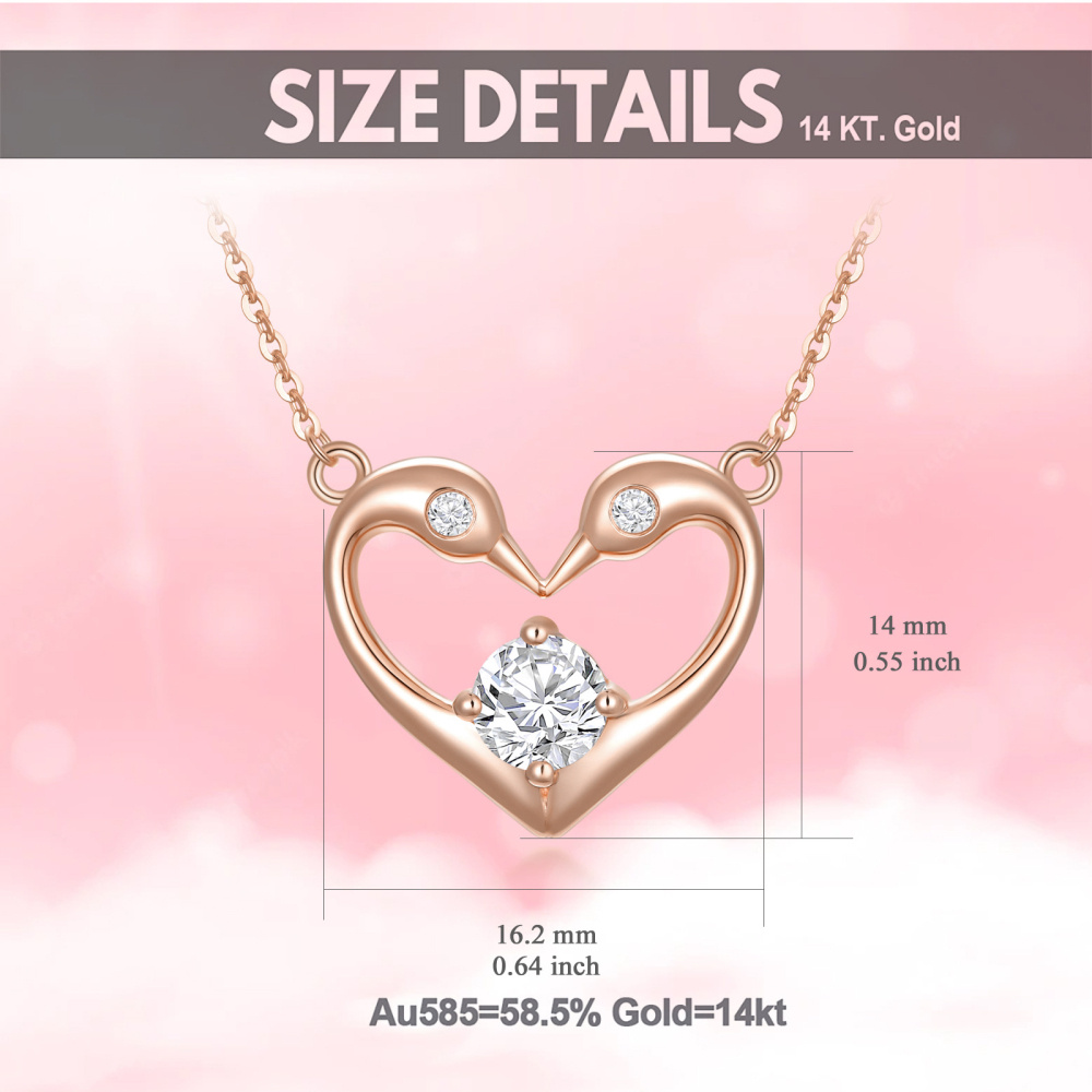 10K Rose Gold Round Zircon Swan & Heart Pendant Necklace-6