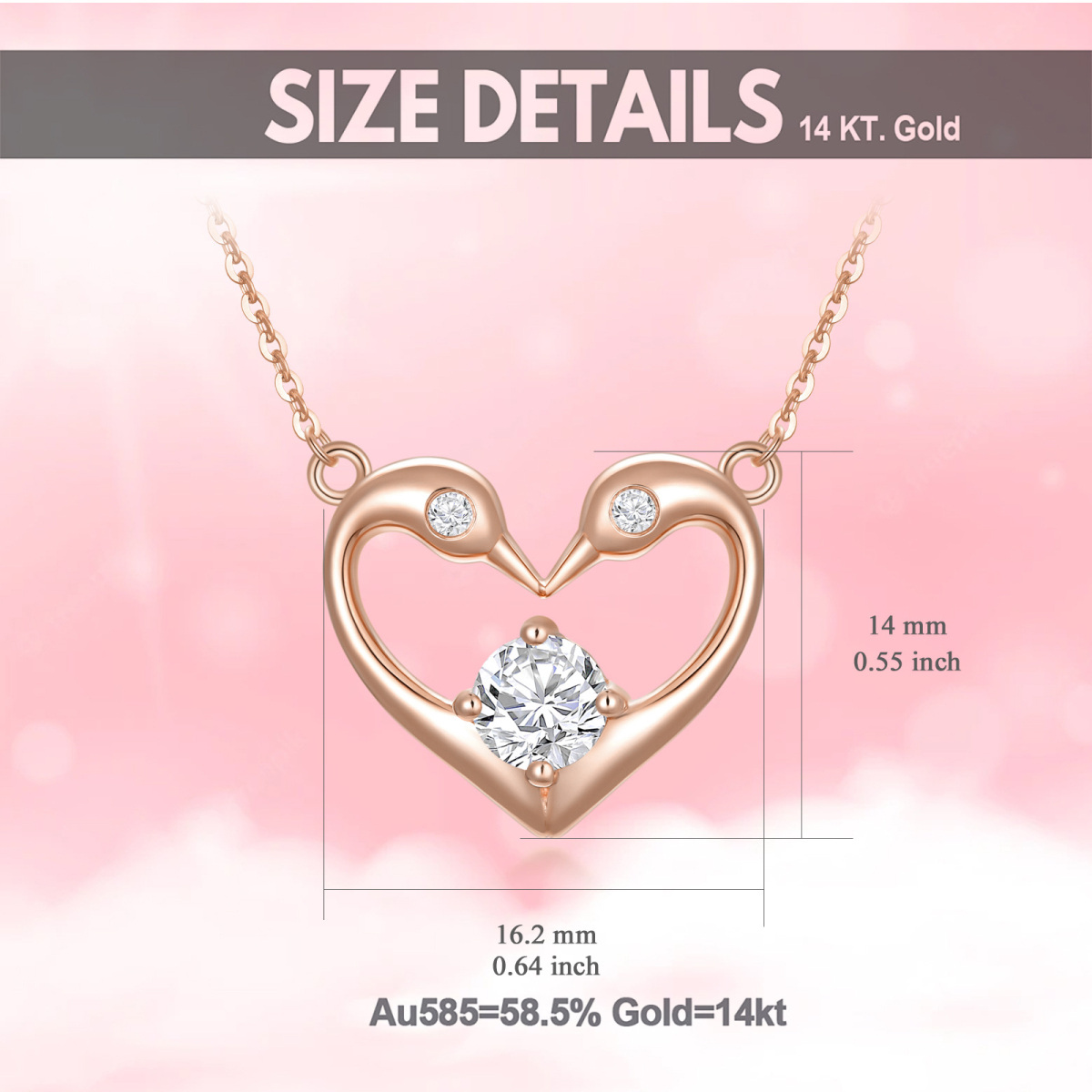 14K Rose Gold Round Zircon Swan & Heart Pendant Necklace-6