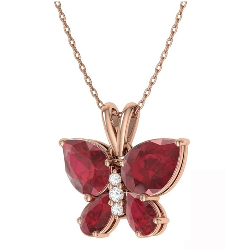10K Rose Gold Ruby Butterfly & Mother Sisters Pendant Necklace Gemstone Necklaces-1