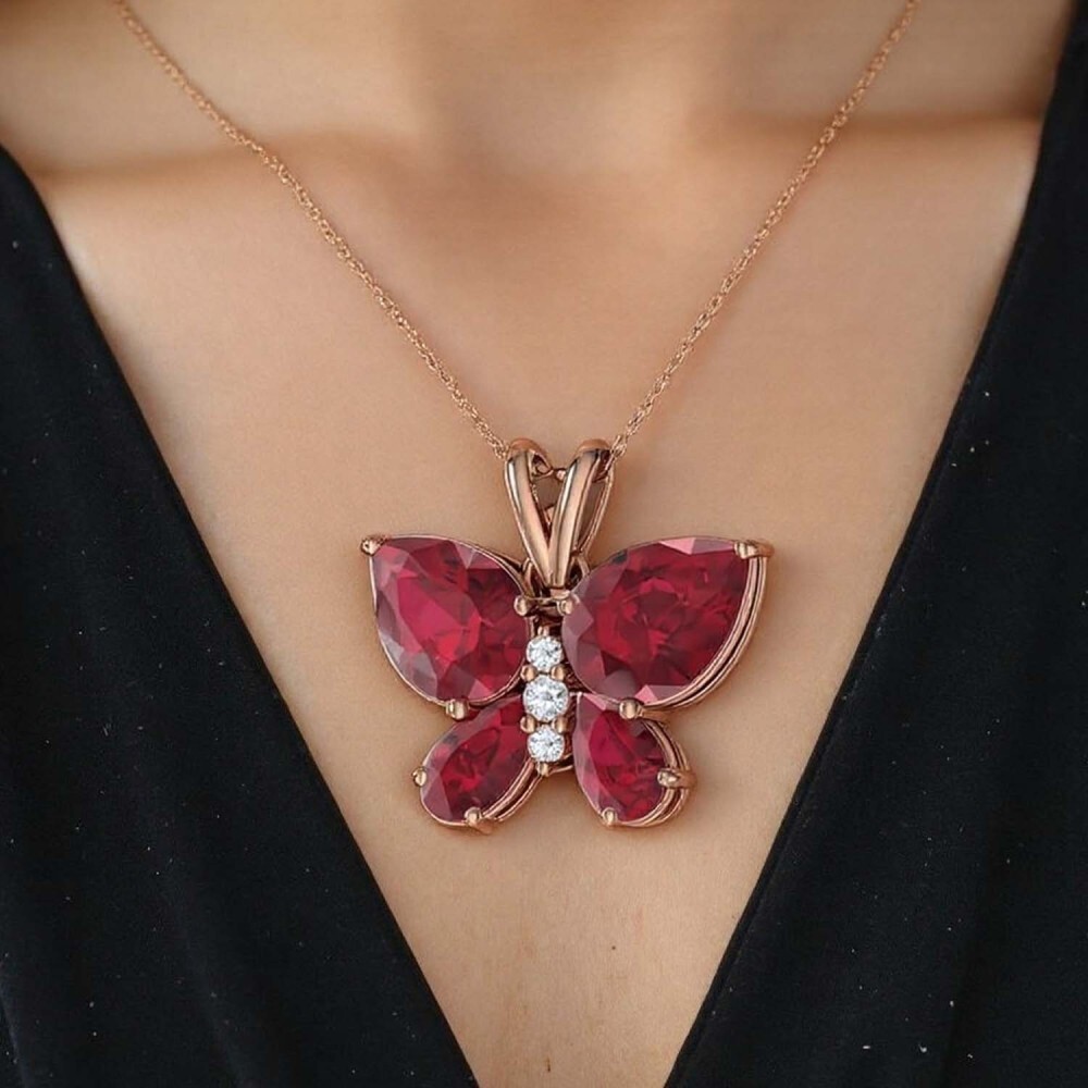 10K Rose Gold Ruby Butterfly & Mother Sisters Pendant Necklace Gemstone Necklaces-3