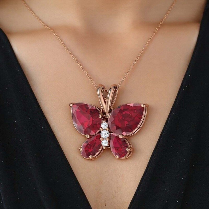 10K Rose Gold Ruby Butterfly & Mother Sisters Pendant Necklace Gemstone Necklaces-3