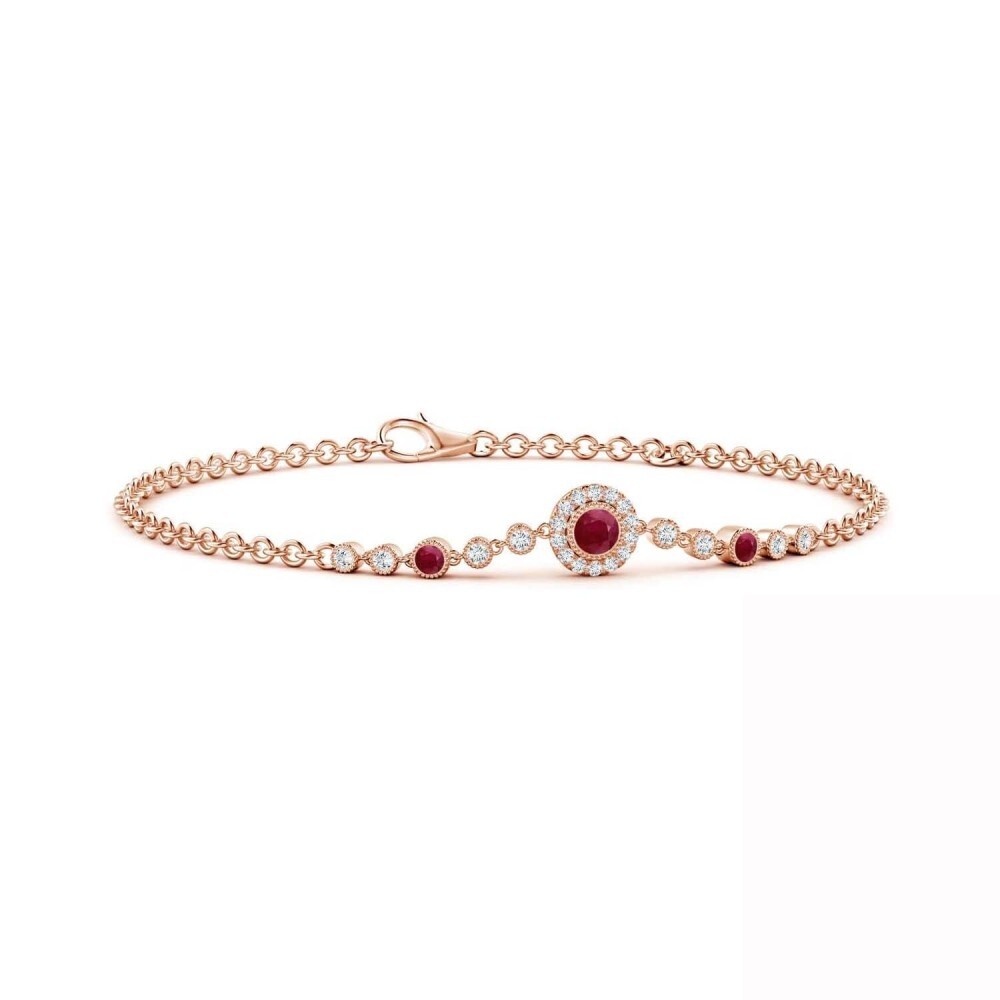 Pulsera redonda con dije de rubí para abuela, madre y hermana en oro rosa de 14 quilates con piedras preciosas-1