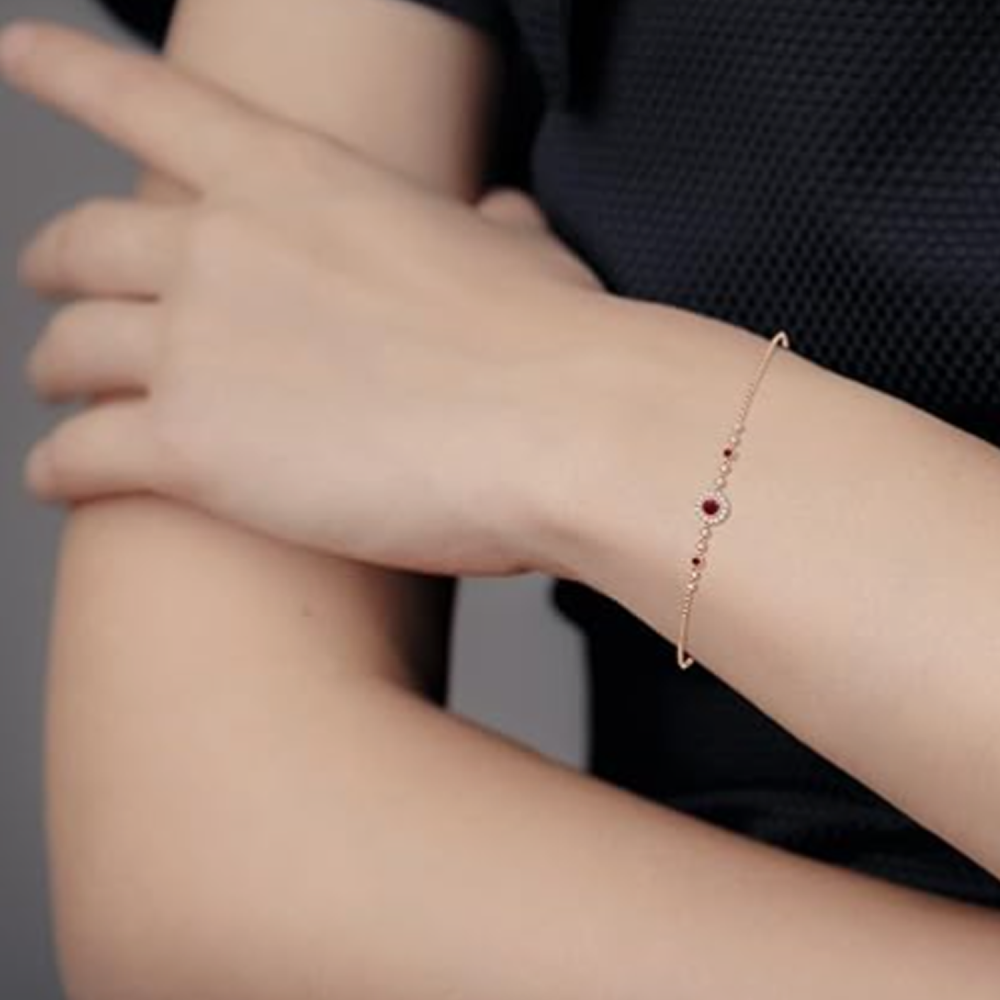 Pulsera redonda con dije de rubí para abuela, madre y hermana en oro rosa de 14 quilates con piedras preciosas-2