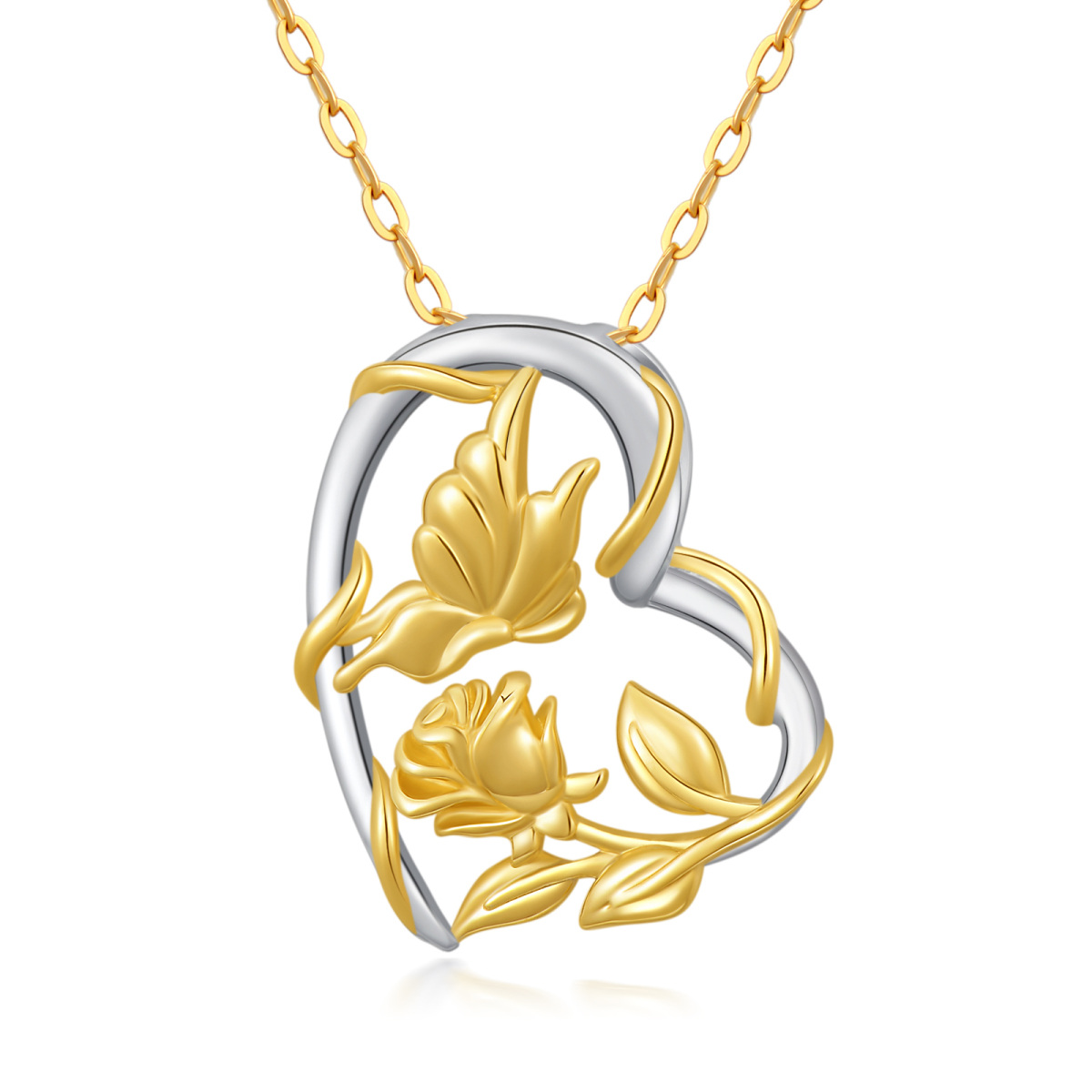 14K Silver & Gold Butterfly & Rose Pendant Necklace-1