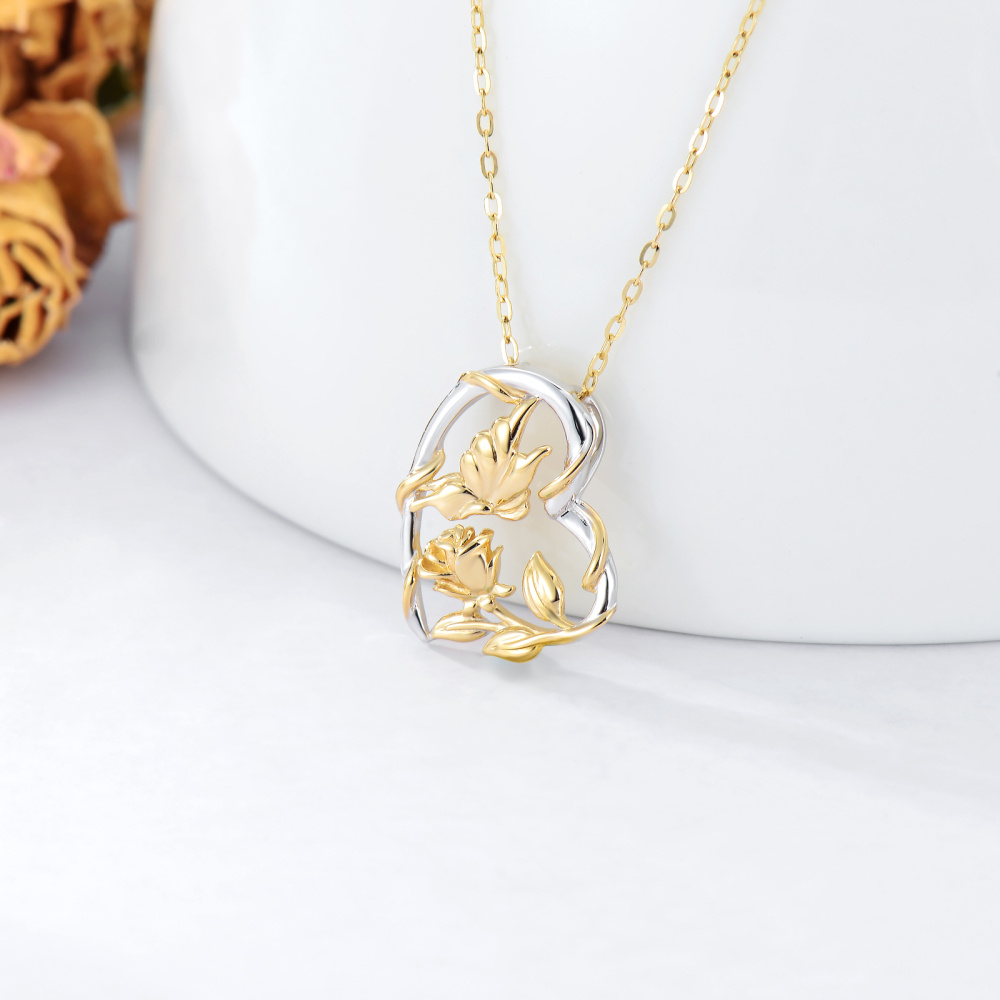 Halskette mit Schmetterlings- und Rosenanhänger aus 10 Karat Gold mit zwei Steinen für beste Freundinnen-3