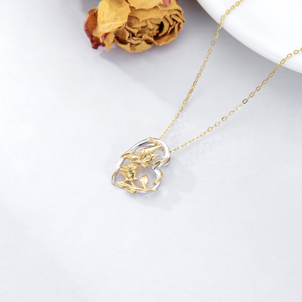 Halskette mit Schmetterlings- und Rosenanhänger aus 10 Karat Gold mit zwei Steinen für beste Freundinnen-4