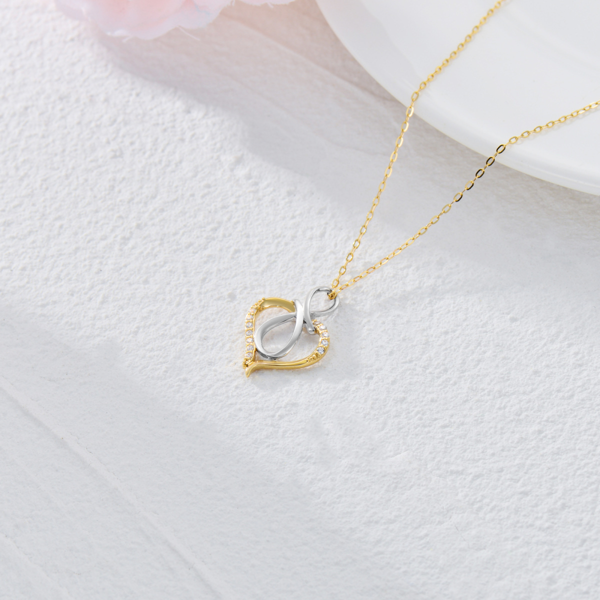 Colar com pingente de símbolo do infinito e diamante em prata e ouro 14K para mulheres, melhores amigas-4