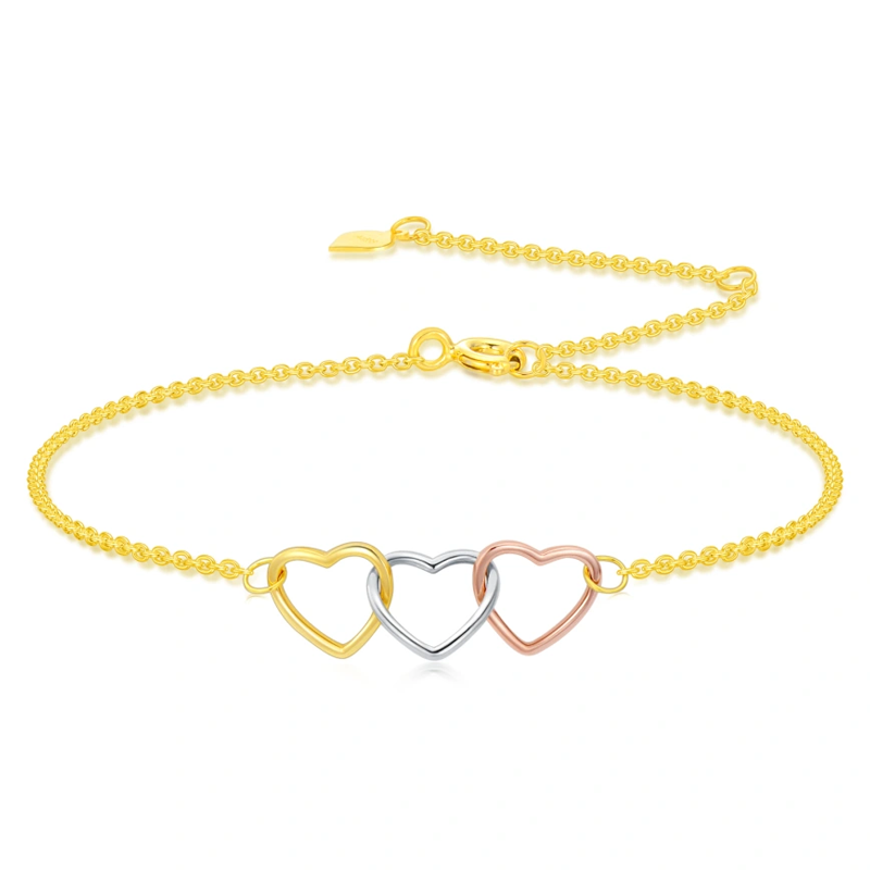 14K Silver & Gold & Rose Gold Heart With Heart Charm Bracelet-1
