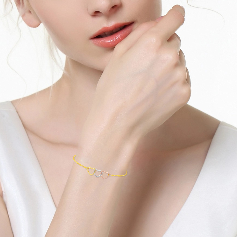 14K Silver & Gold & Rose Gold Heart With Heart Charm Bracelet-2