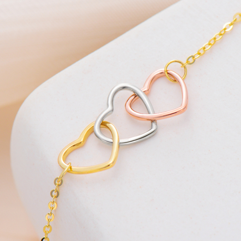 14K Silver & Gold & Rose Gold Heart With Heart Charm Bracelet-3