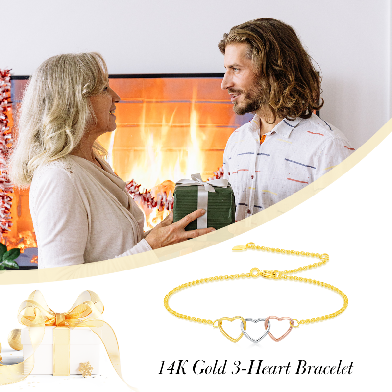 14K Silver & Gold & Rose Gold Heart With Heart Charm Bracelet-6