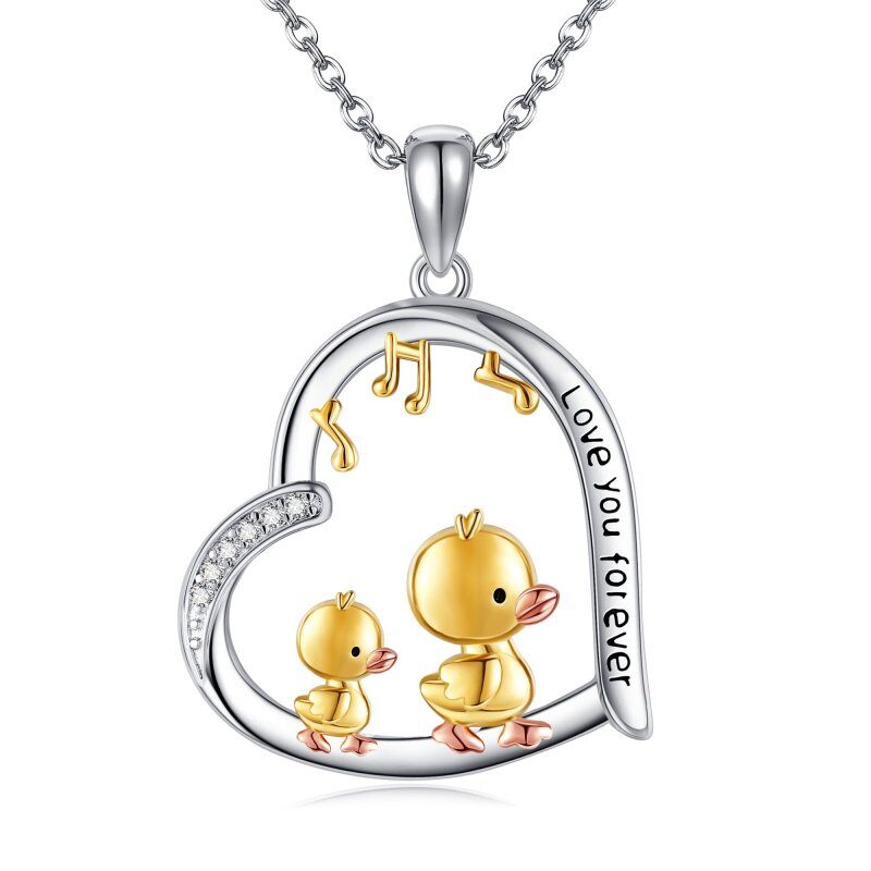 Collar con colgante de plata, oro y oro rosa de 14 quilates con moissanita, diseño de pato, corazón y símbolo musical-1