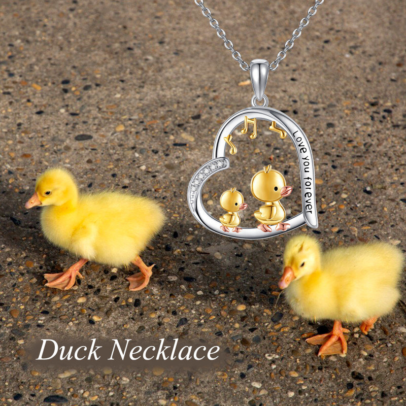 Collar con colgante de plata, oro y oro rosa de 14 quilates con moissanita, diseño de pato, corazón y símbolo musical-5