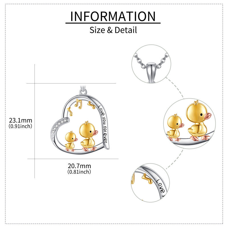 Collar con colgante de plata, oro y oro rosa de 14 quilates con moissanita, diseño de pato, corazón y símbolo musical-6