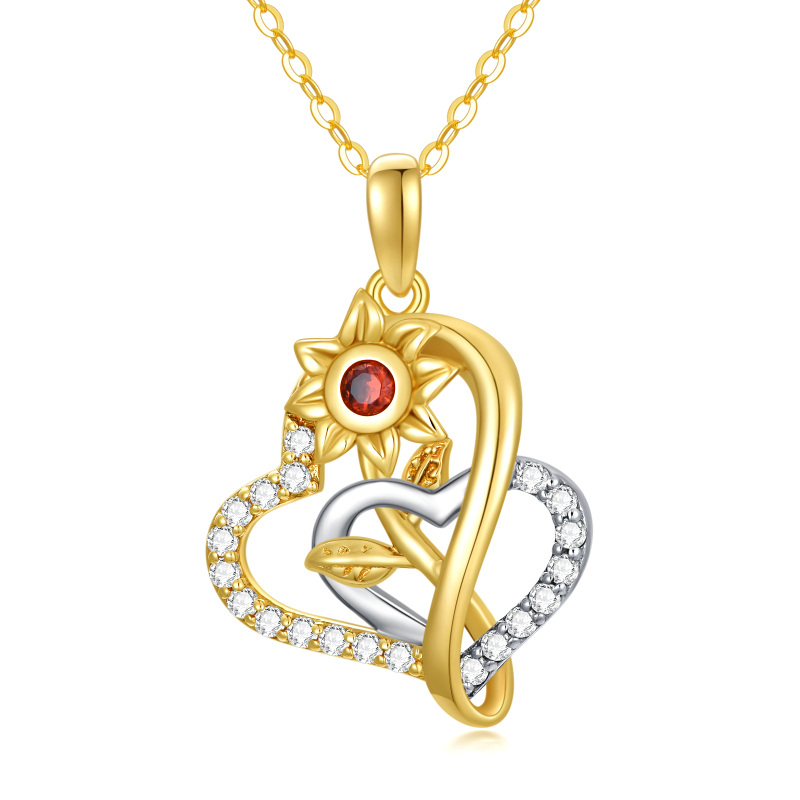 10K Gold Two-Tone Round Moissanite Sunflower & Interlocking Hearts Pendant Necklace For Women-1