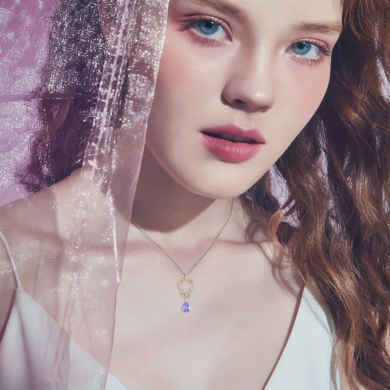 10K Silver & Rose Gold Cubic Zirconia Circle Pendant Necklace-2