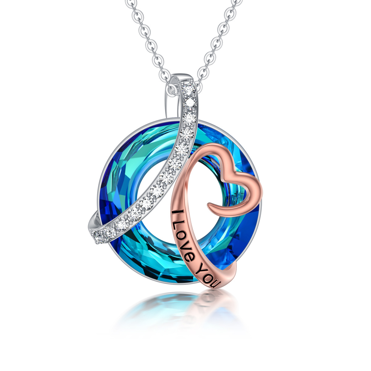 10K Silver & Rose Gold Circular Shaped Heart Crystal Pendant Necklace with Engraved Word-1