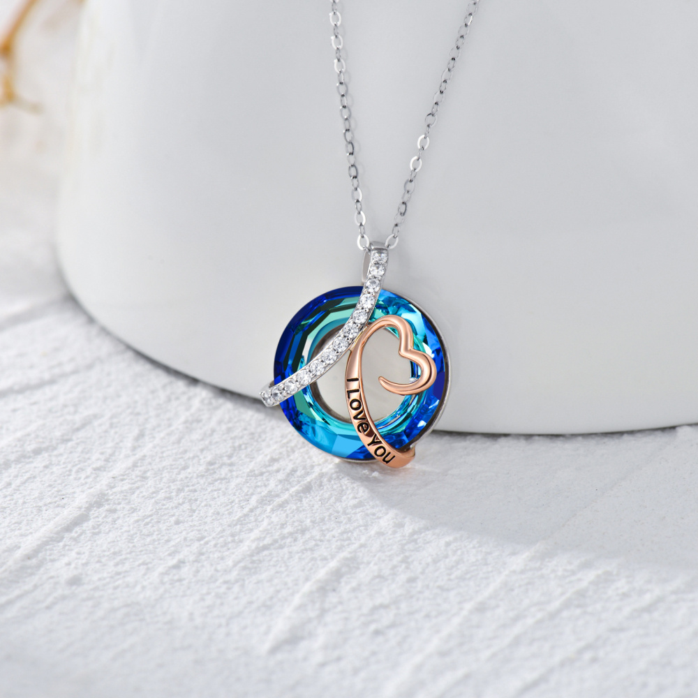 Collier en argent et or rose 10K avec pendentif en forme de coeur circulaire en cristal et-3