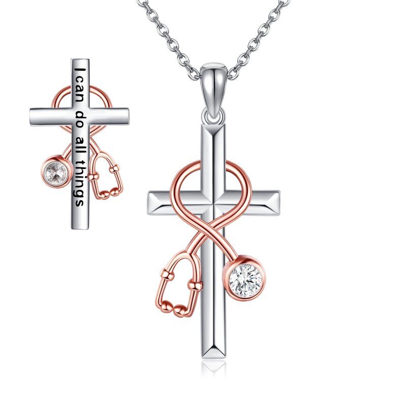 Collar con colgante de cruz y estetoscopio en plata de 14 quilates y oro rosa, con palabra grabada-1