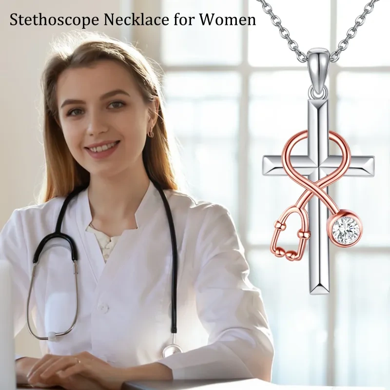 Collar con colgante de cruz y estetoscopio en plata de 14 quilates y oro rosa, con palabra grabada-6