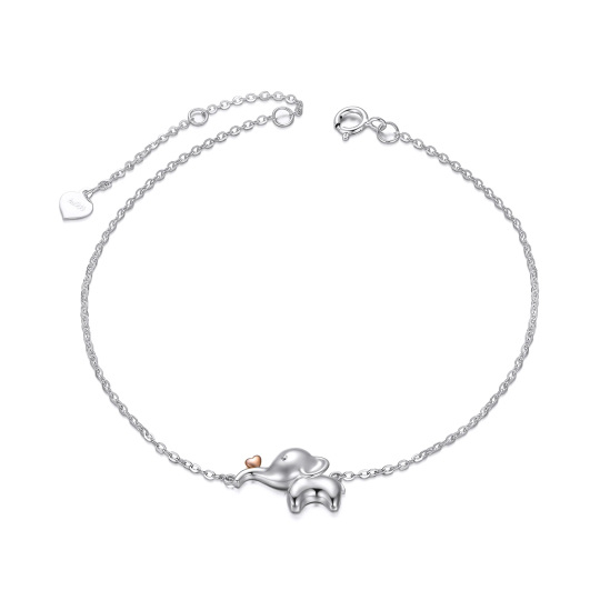 14K Silver & Rose Gold Elephant & Heart Single Layer Anklet