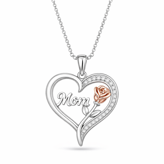 10K Silver & Rose Gold Rose & Mama Pendant Necklace