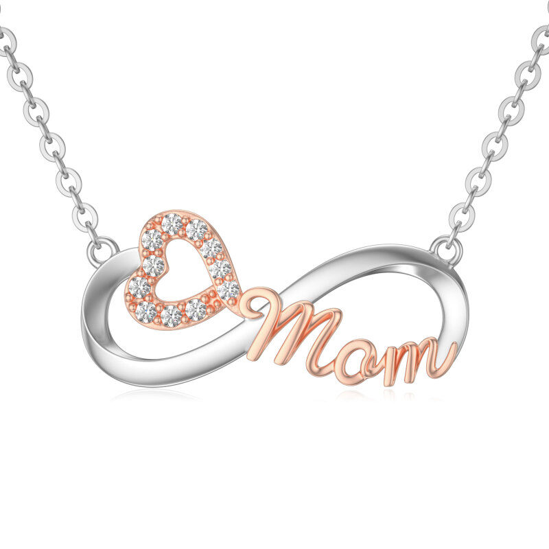 10K Silver & Rose Gold Moissanite Heart & Infinity Symbol Pendant Necklace with Engraved Word-17