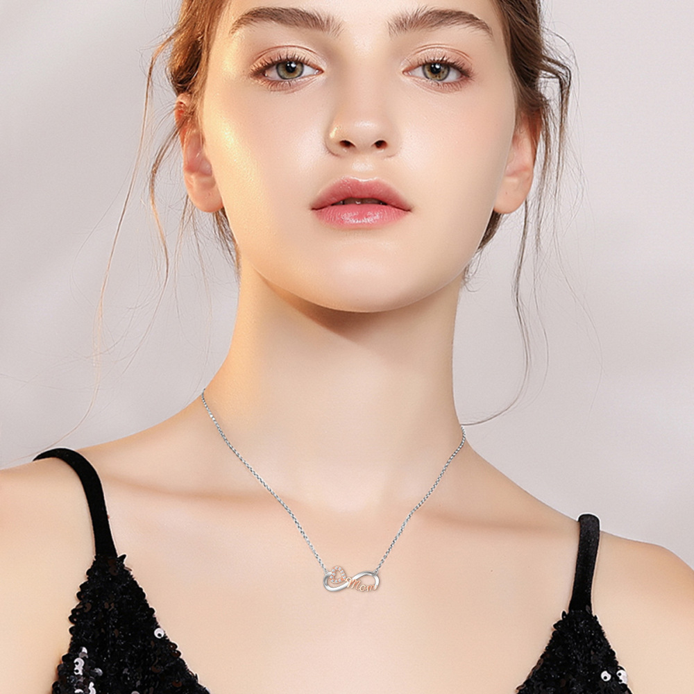 10K Silver & Rose Gold Moissanite Heart & Infinity Symbol Pendant Necklace with Engraved Word-2
