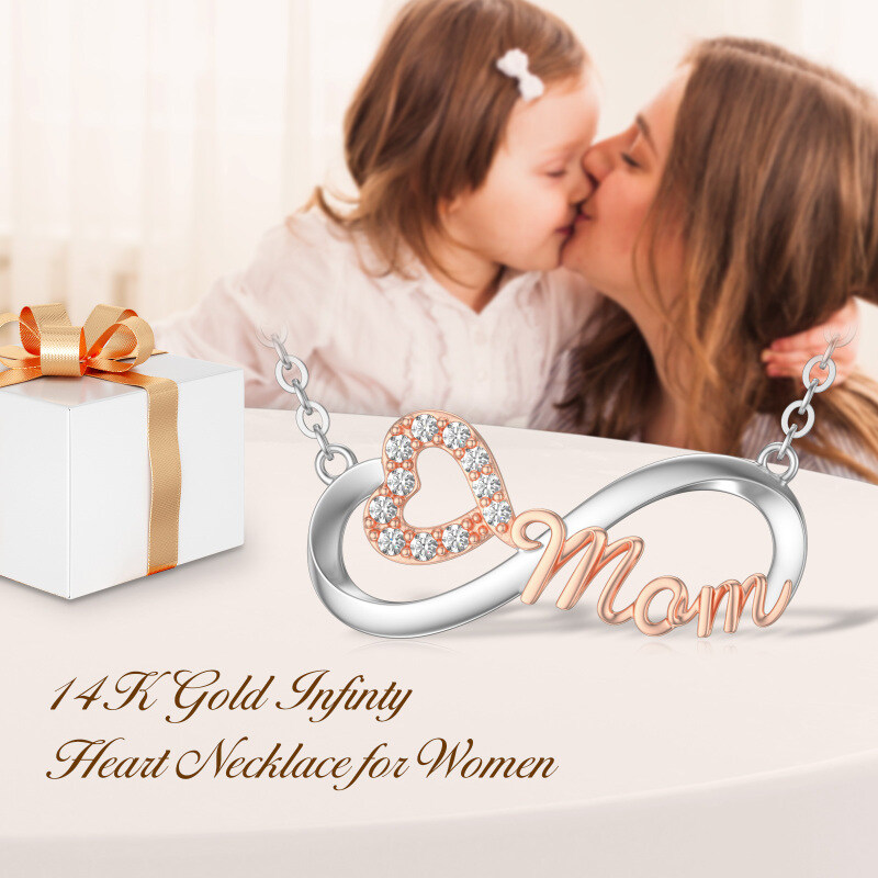 10K Silver & Rose Gold Moissanite Heart & Infinity Symbol Pendant Necklace with Engraved Word-6