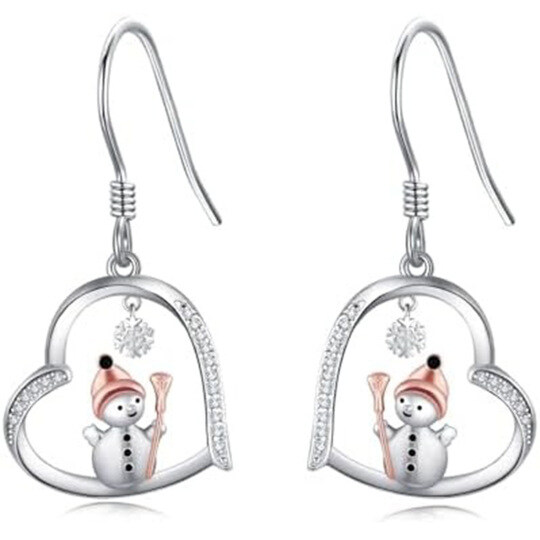 14K Silver & Rose Gold Moissanite Heart & Snowflake & Snowman Drop Earrings
