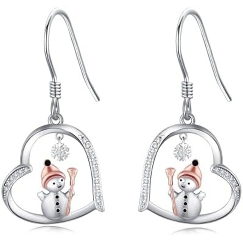 18Kシルバー＆ローズゴールド モアッサナイト ハート＆スノーフレーク＆スノーマン ドロップイヤリング-1