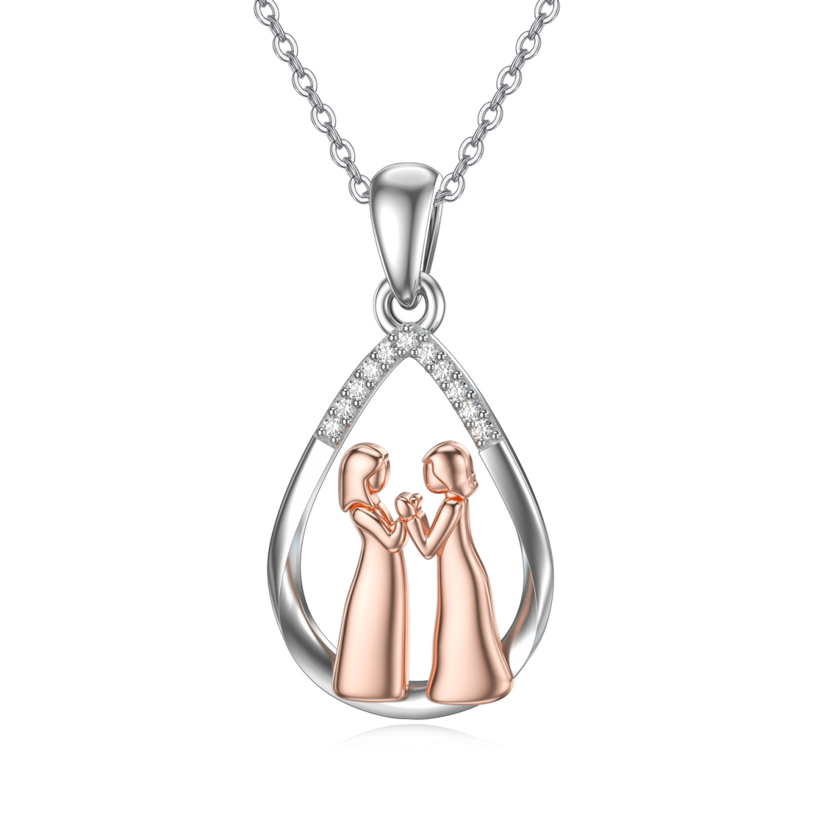 14K Silver & Rose Gold Moissanite Sisters & Drop Shape Pendant Necklace-1