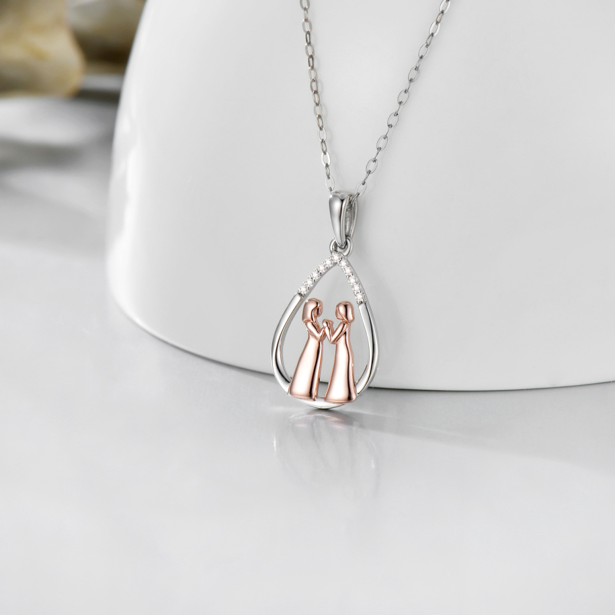 14K Silver & Rose Gold Moissanite Sisters & Drop Pendant Necklace For Women-4