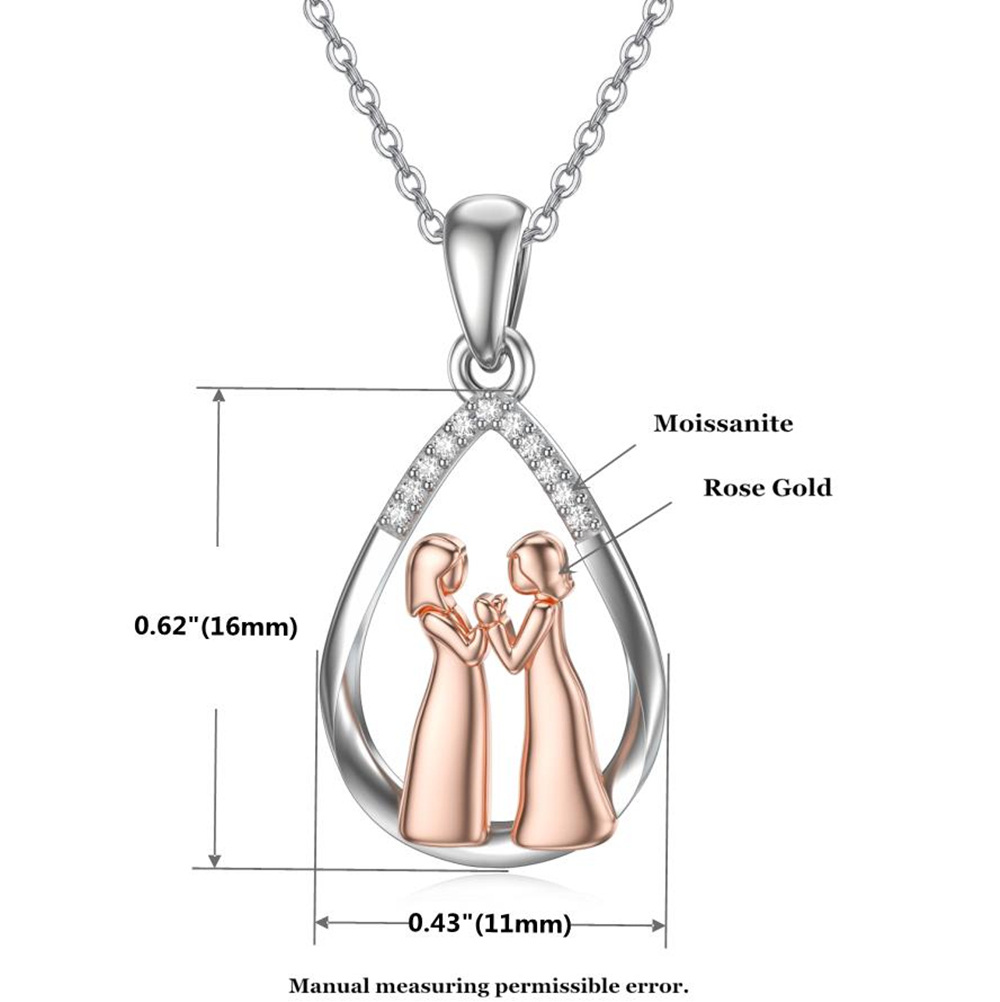 14K Silver & Rose Gold Moissanite Sisters & Drop Pendant Necklace For Women-6