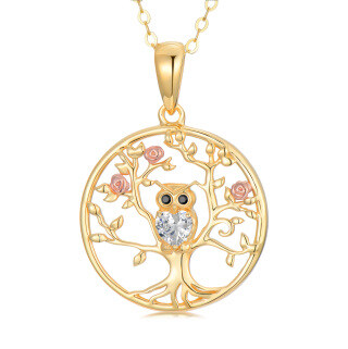 14K Silver & Rose Gold Cubic Zirconia Owl & Tree Of Life Pendant Necklace-1