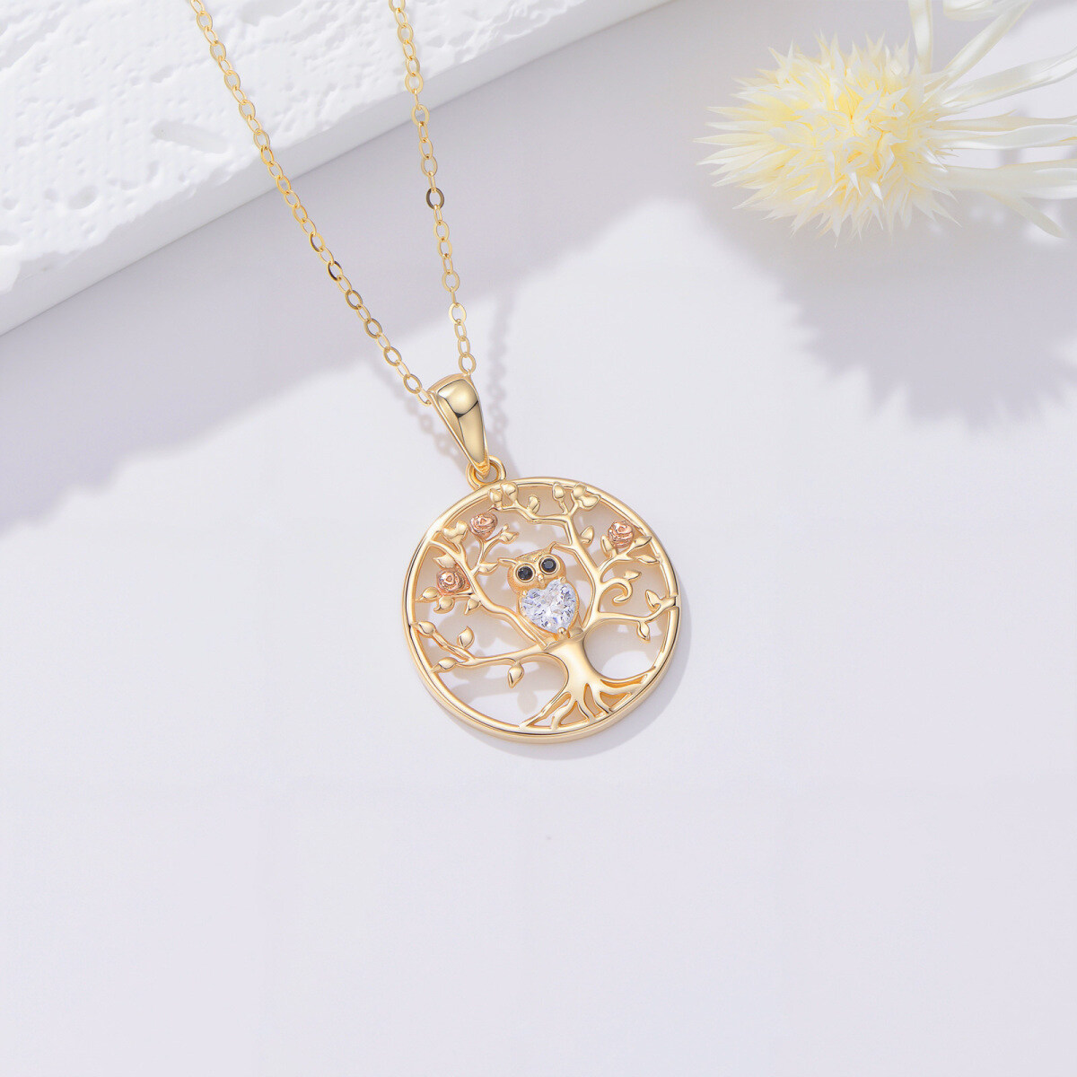 14K Silver & Rose Gold Cubic Zirconia Owl & Tree Of Life Pendant Necklace-2