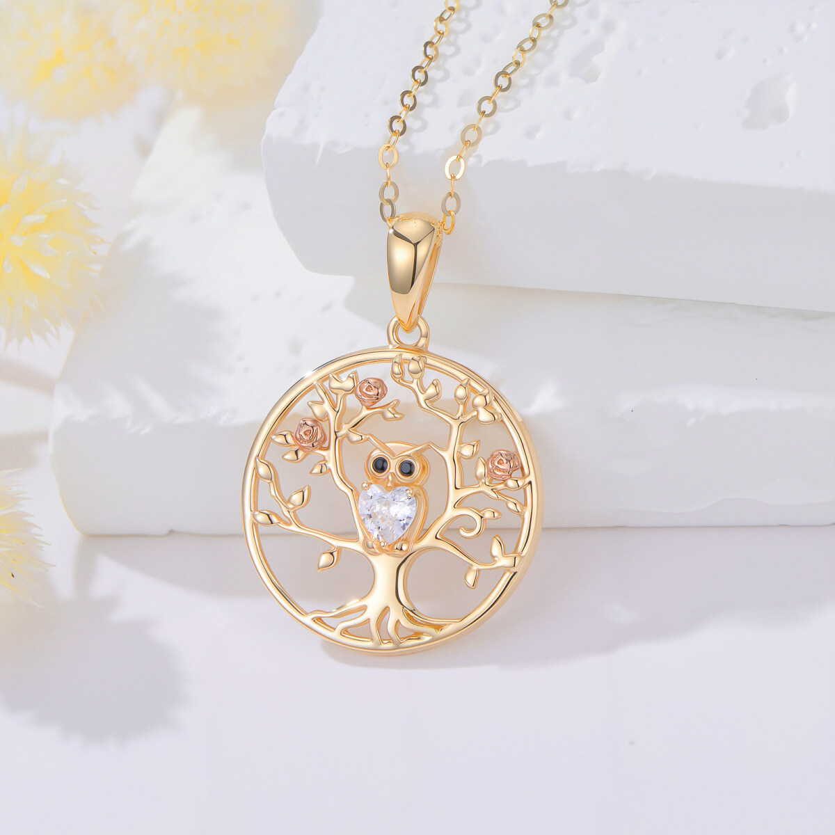14K Silver & Rose Gold Cubic Zirconia Owl & Tree Of Life Pendant Necklace-3