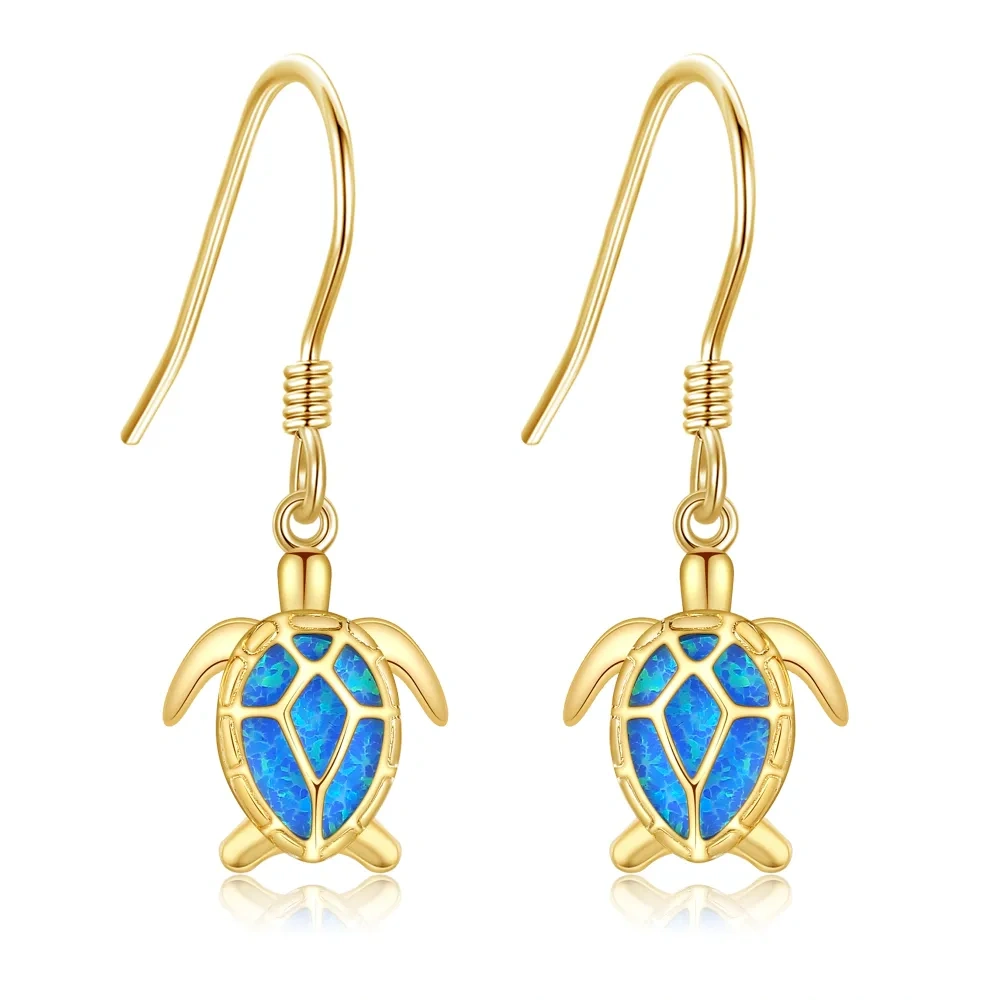 10K Gold Opal Turtle Drop Earrings-1