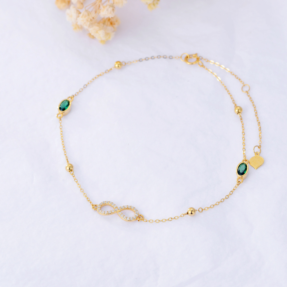 10K Gold Cubic Zirconia Infinite Symbol Single Layer Charm Anklet-2
