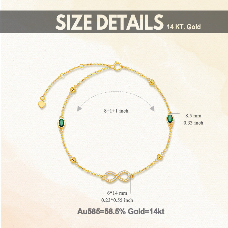 Tornozeleira com pendente de camada única em ouro 14K com zircónia cúbica e símbolo do infinito-5