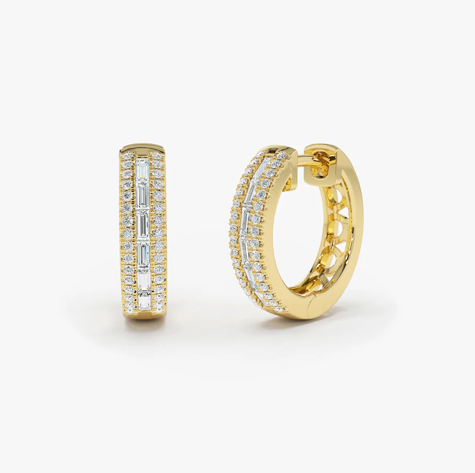 14K Solid Gold 0.5 CT.T.W. Pave Natural Diamonds and Baguette Hoop Earrings-1