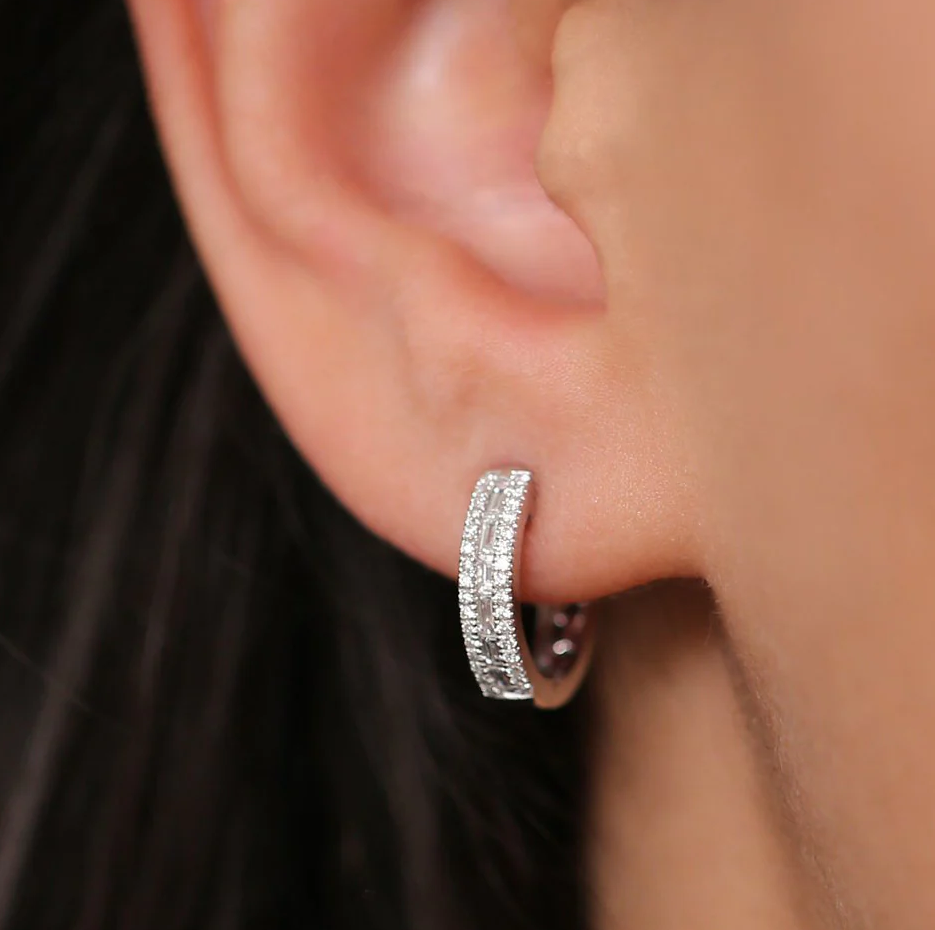 14K Solid Gold 0.5 CT.T.W. Pave Natural Diamonds and Baguette Hoop Earrings-2