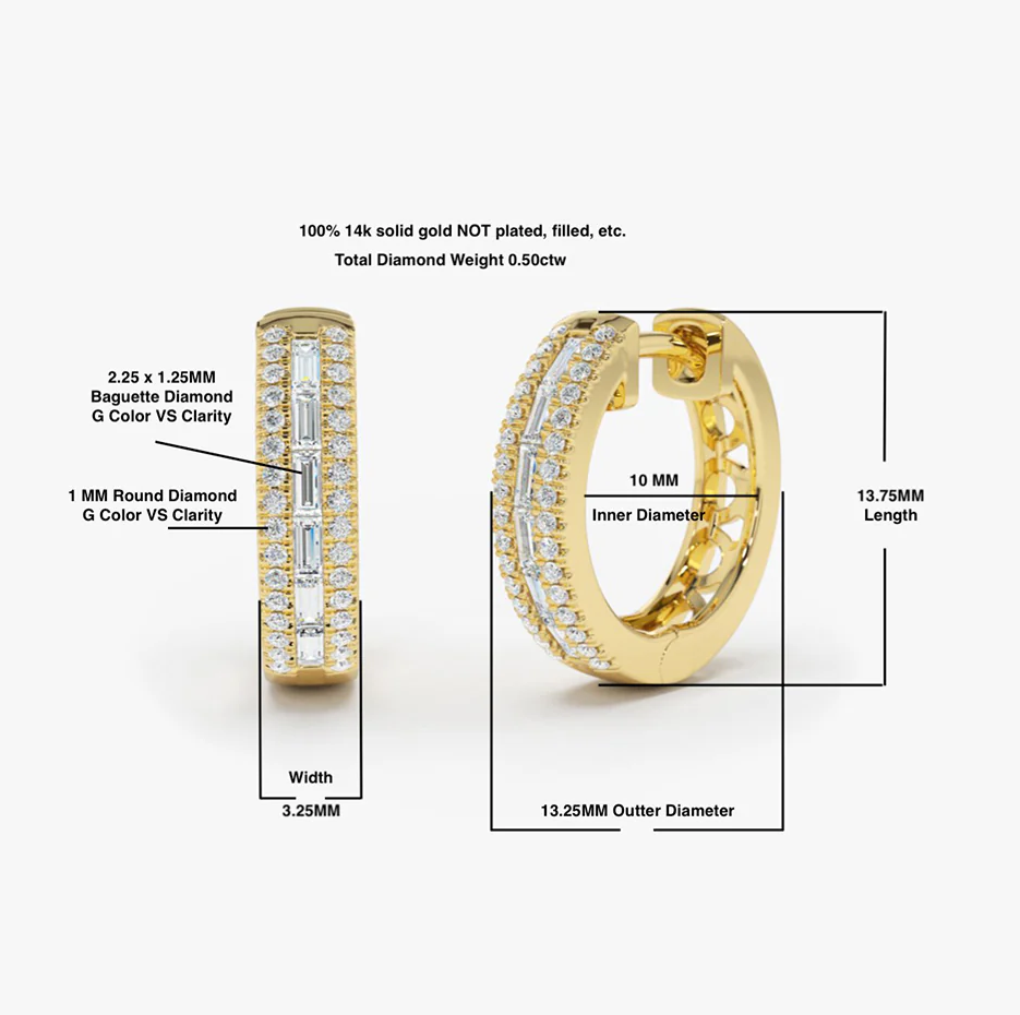 14K Solid Gold 0.5 CT.T.W. Pave Natural Diamonds and Baguette Hoop Earrings-3