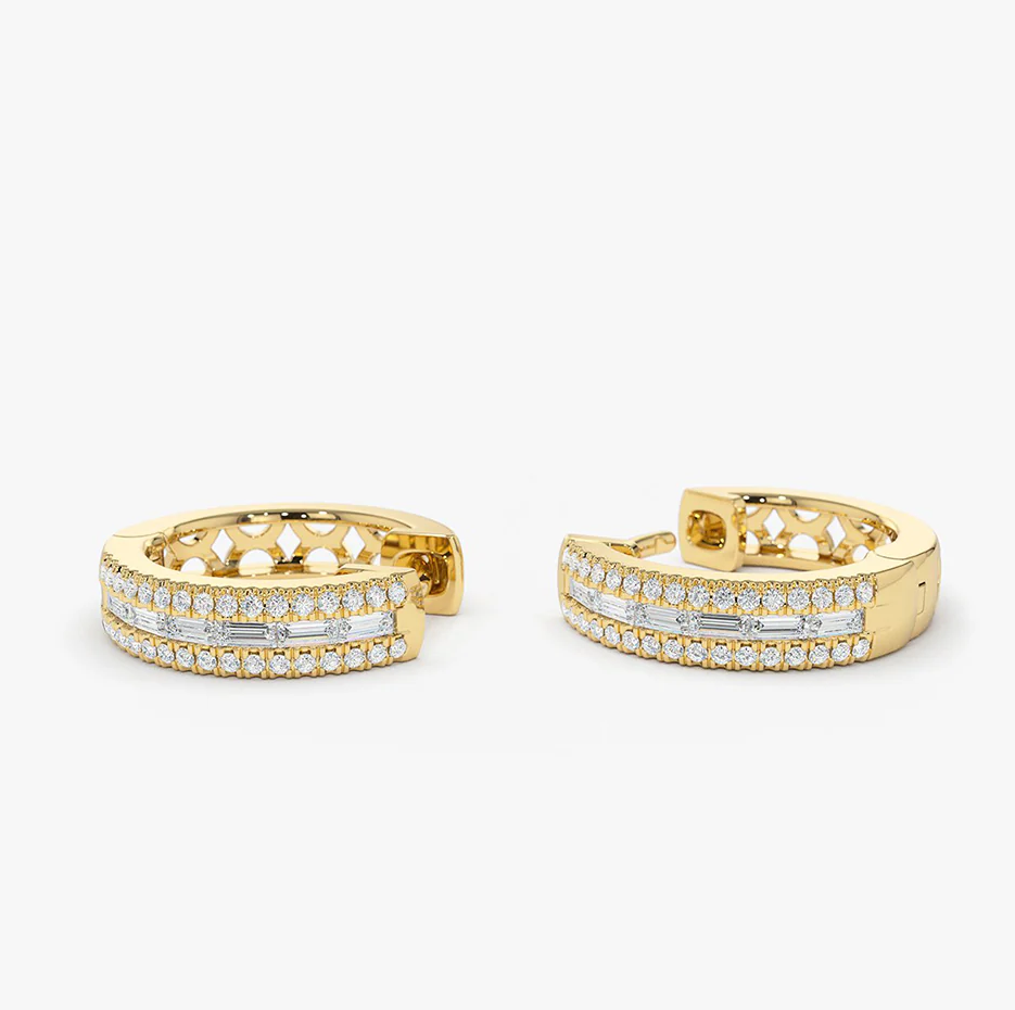 14K Solid Gold 0.5 CT.T.W. Pave Natural Diamonds and Baguette Hoop Earrings-4