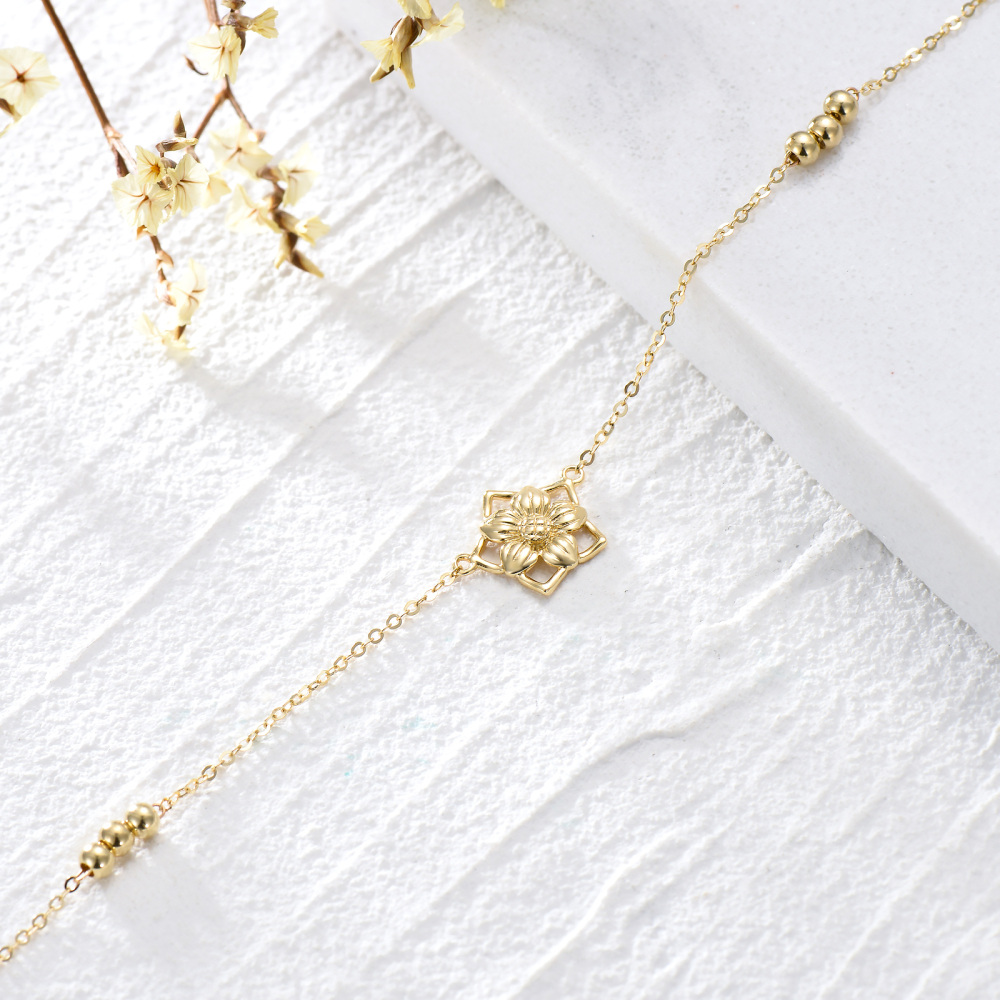 10K Gold Daisy & Bead & Star Single Chain Anklet-4