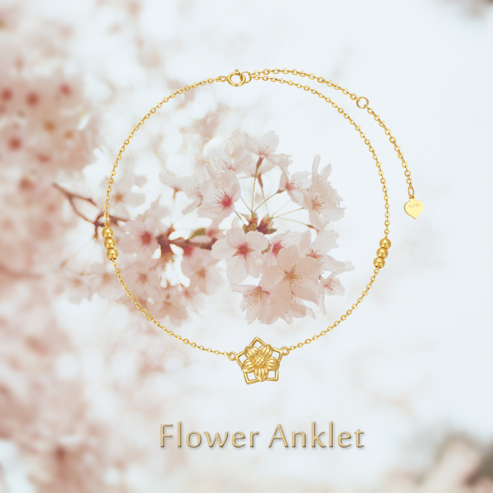 10K Gold Daisy & Bead & Star Single Chain Anklet-6