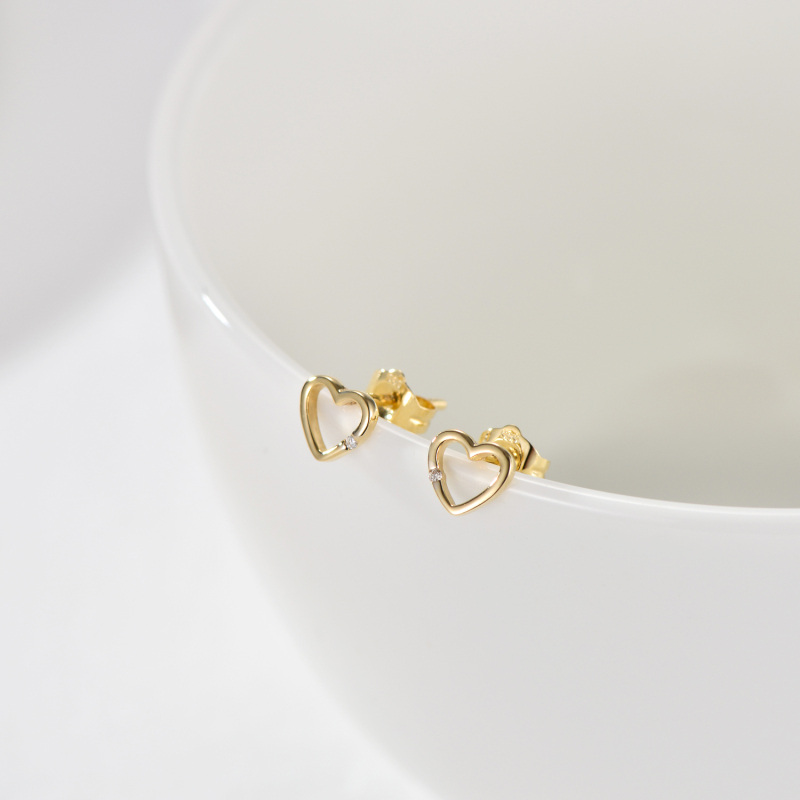 10K Gold Circular Shaped Diamond Heart Stud Earrings-3