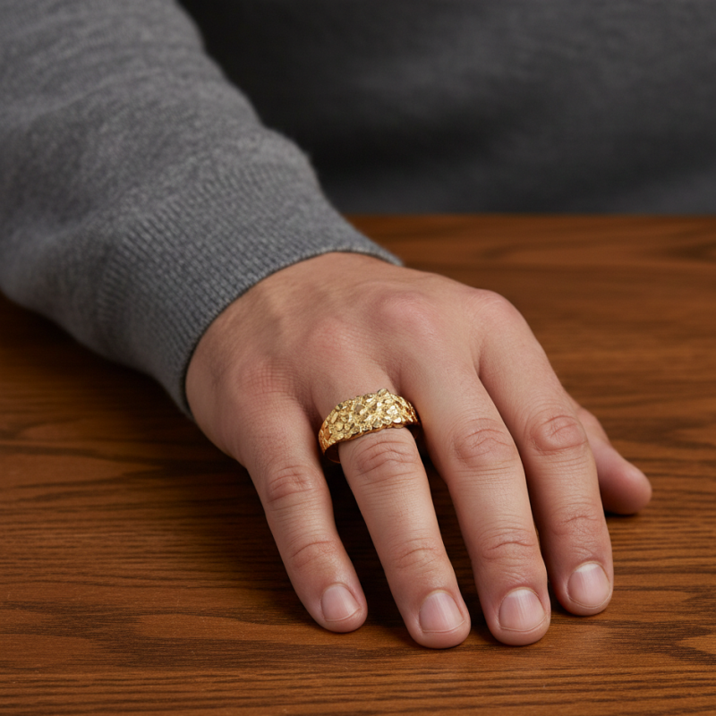 Anillo cuadrado de pepita mediana de oro sólido de 14 quilates para hombre-2