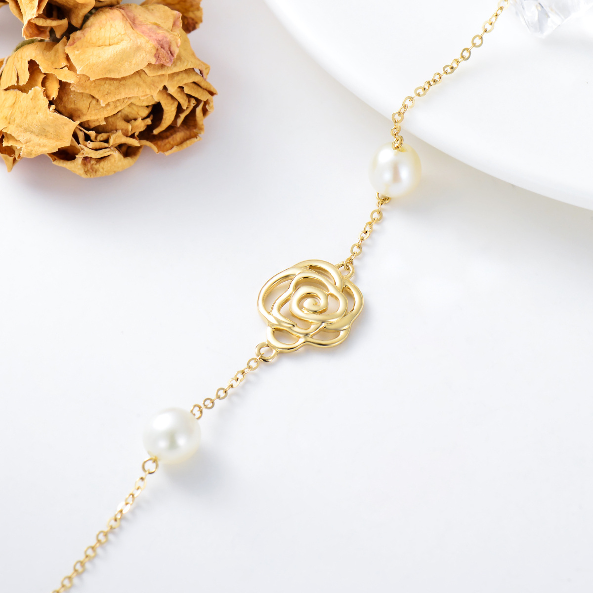 10K Gold Pearl Rose Single Layer Charm Anklet-3